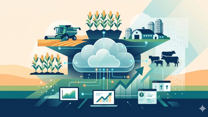 Современная иллюстрация облачной инфраструктуры для управления многопрофильными сельскохозяйственными кредитными портфелями в интерфейсе SaaS